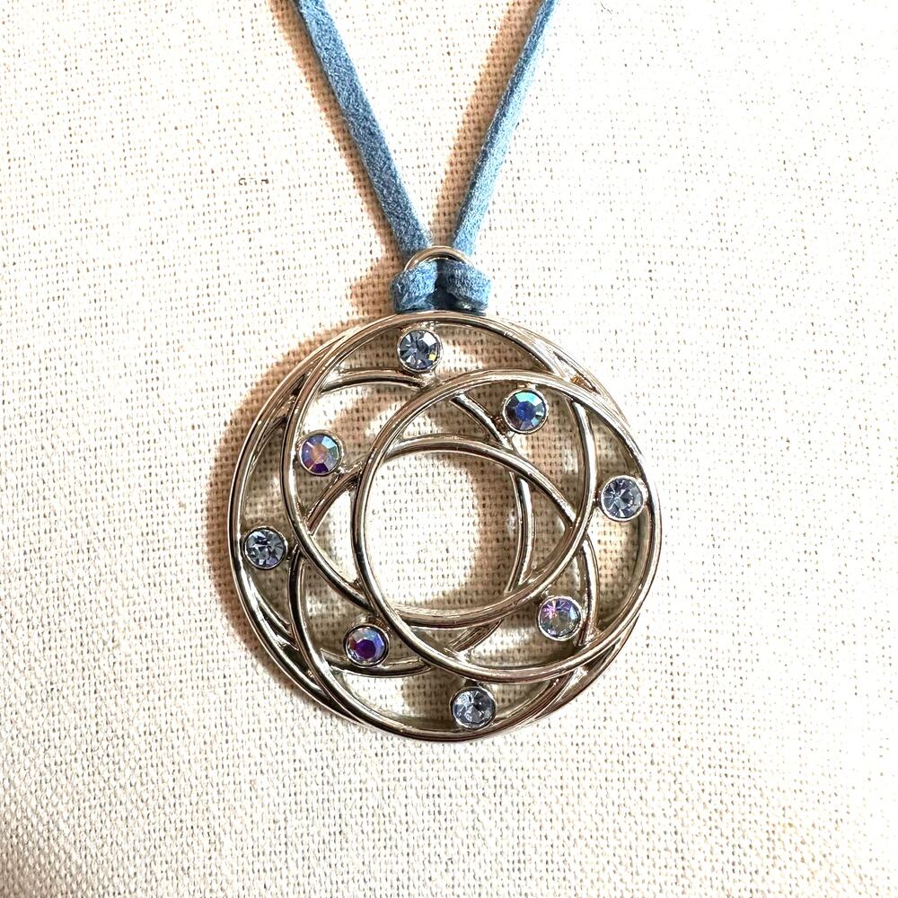 Lia Sophia Round Pendant Necklace 15" - 18" long Blue Suede Cord Inner Space